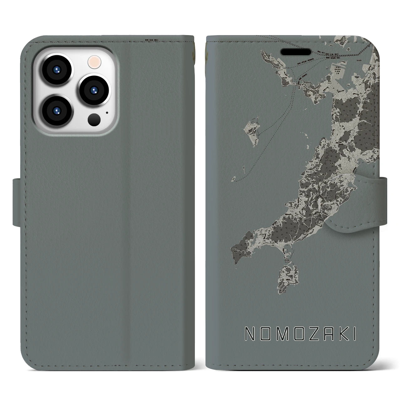 【野母崎(長崎県)】地図柄iPhoneケース(手帳タイプ)モノトーン・iPhone 13 Pro 用