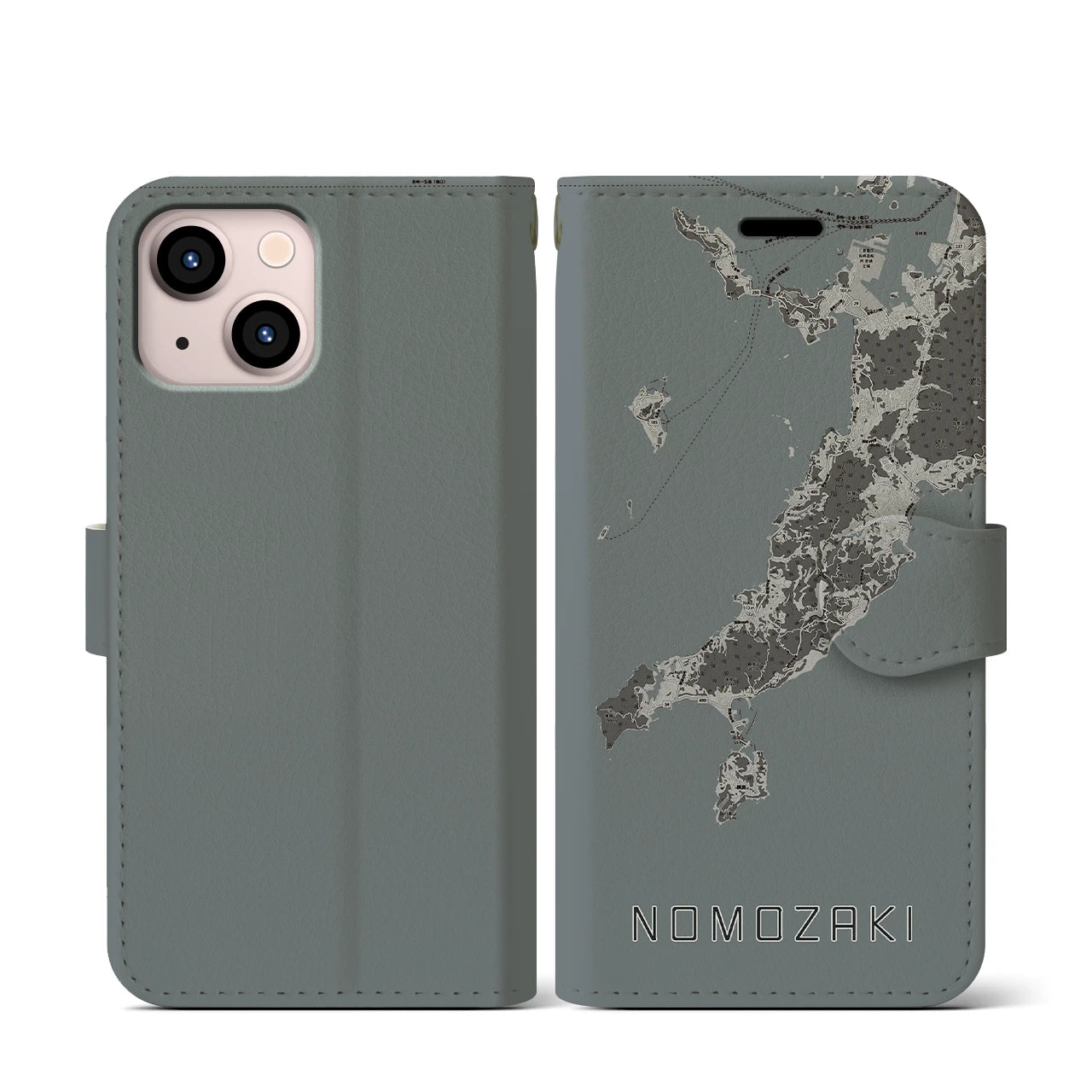 【野母崎(長崎県)】地図柄iPhoneケース(手帳タイプ)モノトーン・iPhone 13 mini 用