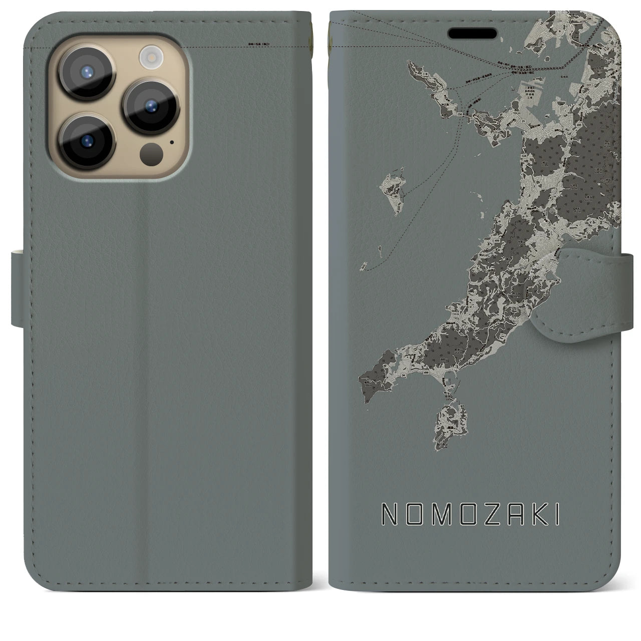 【野母崎(長崎県)】地図柄iPhoneケース(手帳タイプ)モノトーン・iPhone 14 Pro Max 用