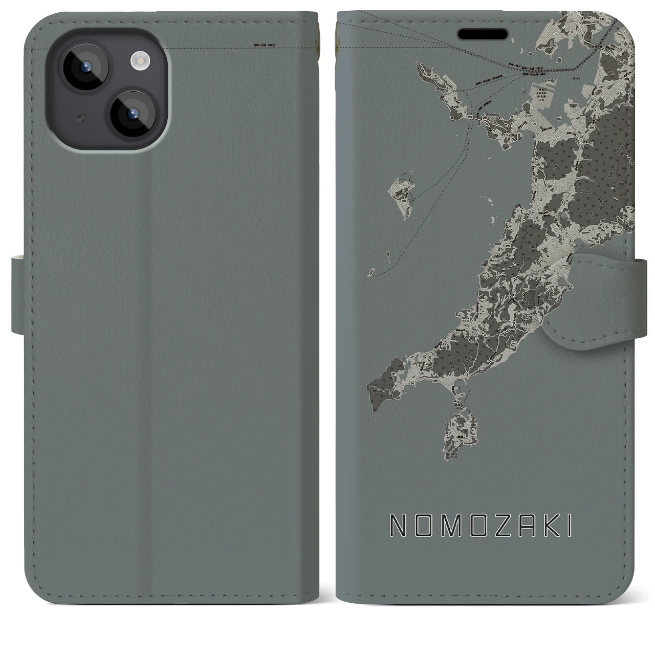 【野母崎(長崎県)】地図柄iPhoneケース(手帳タイプ)モノトーン・iPhone 14 Plus 用