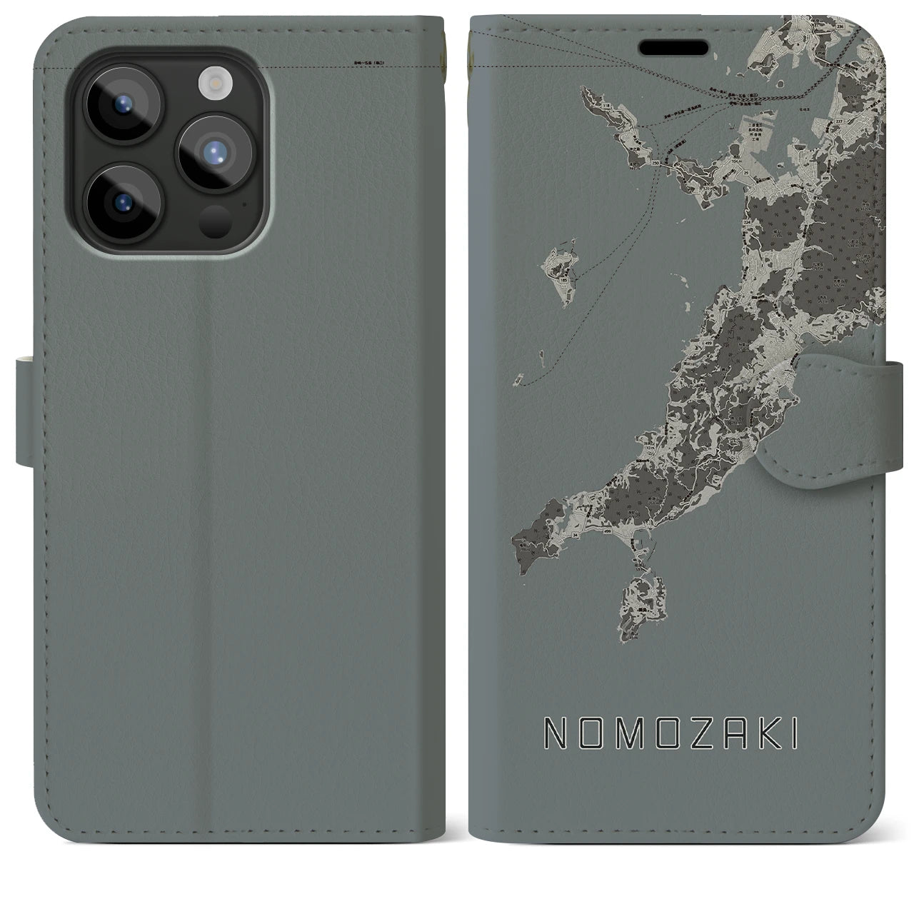 【野母崎(長崎県)】地図柄iPhoneケース(手帳タイプ)モノトーン・iPhone 15 Pro Max 用