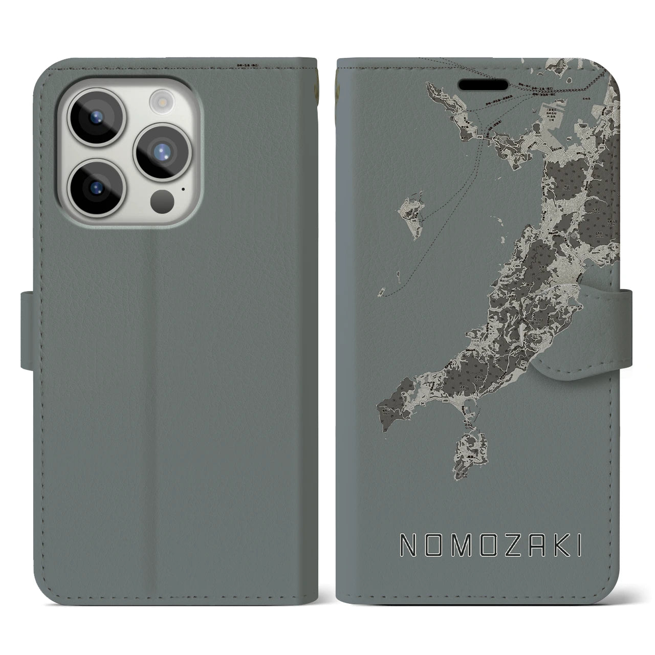 【野母崎(長崎県)】地図柄iPhoneケース(手帳タイプ)モノトーン・iPhone 15 Pro 用