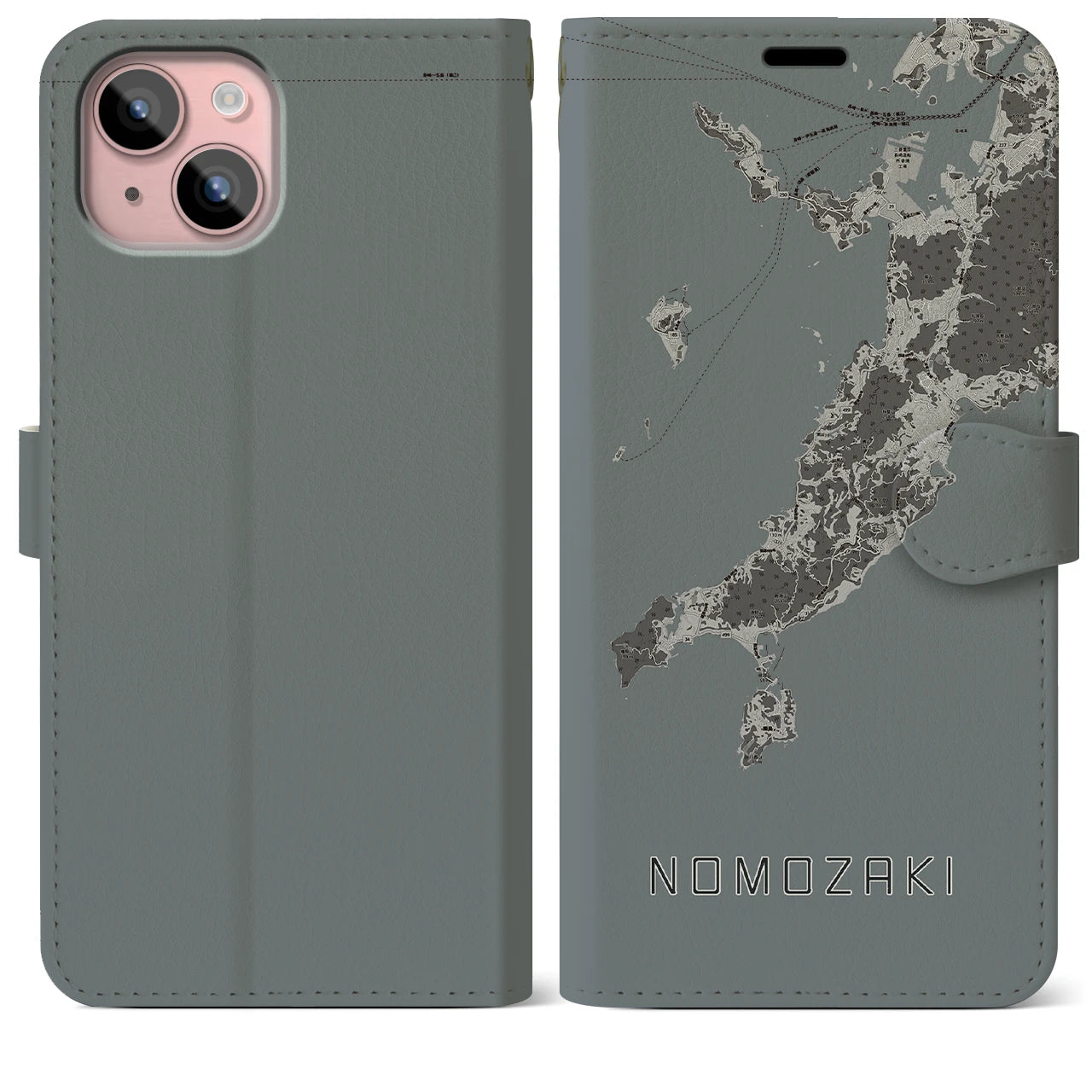 【野母崎(長崎県)】地図柄iPhoneケース(手帳タイプ)モノトーン・iPhone 15 Plus 用