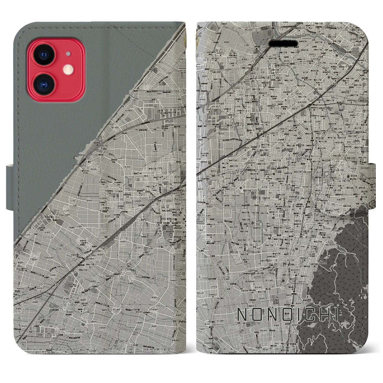 【野々市(石川県)】地図柄iPhoneケース(手帳タイプ)モノトーン・iPhone 11 用