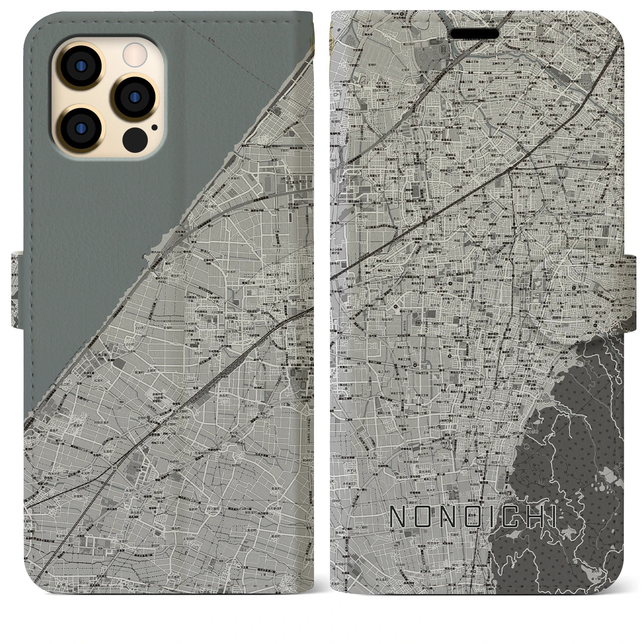 【野々市(石川県)】地図柄iPhoneケース(手帳タイプ)モノトーン・iPhone 12 Pro Max 用