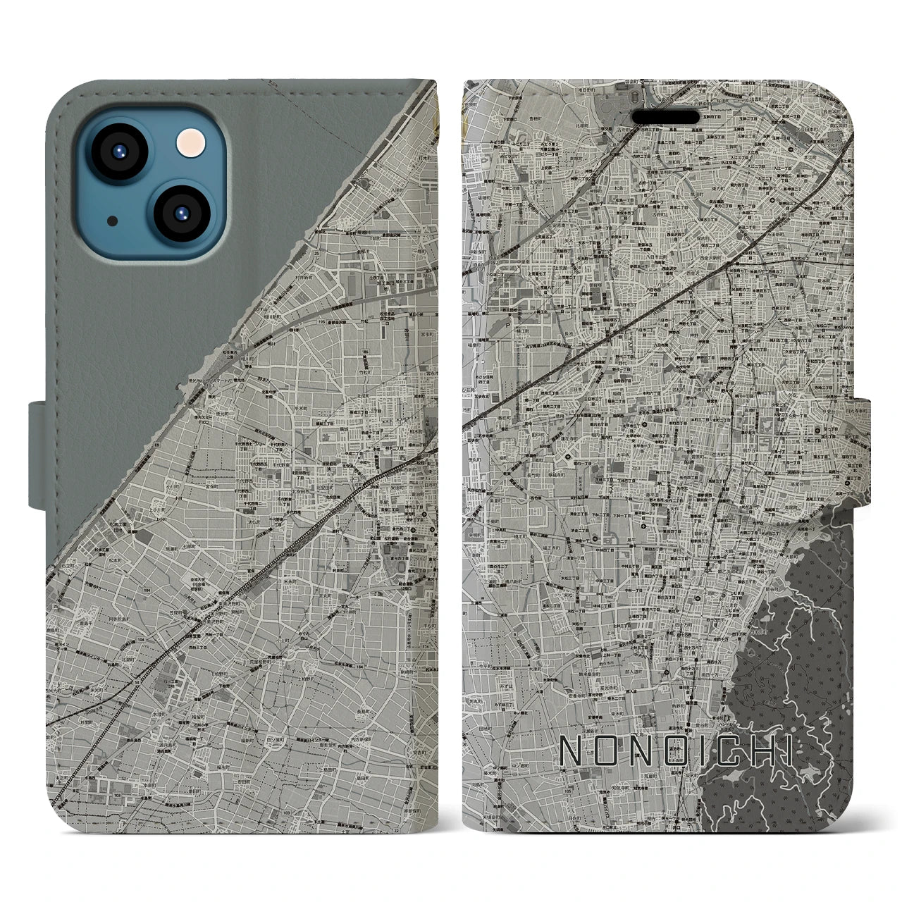 【野々市(石川県)】地図柄iPhoneケース(手帳タイプ)モノトーン・iPhone 13 用