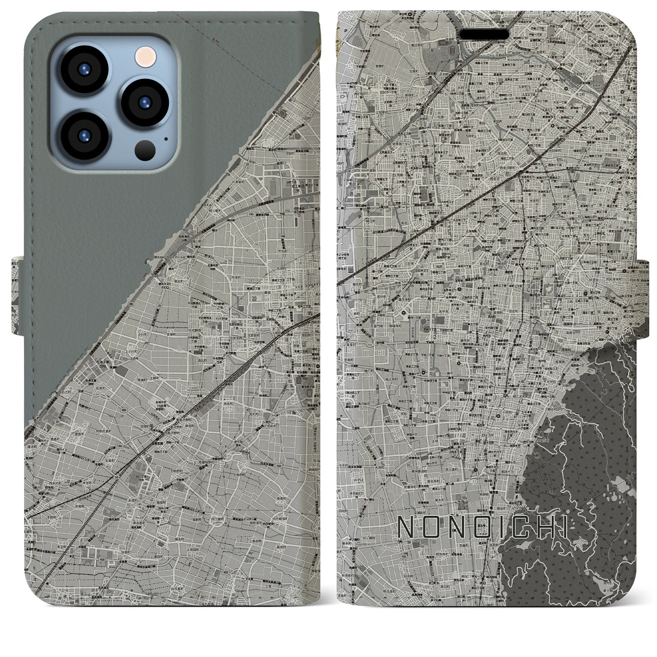 【野々市(石川県)】地図柄iPhoneケース(手帳タイプ)モノトーン・iPhone 13 Pro Max 用