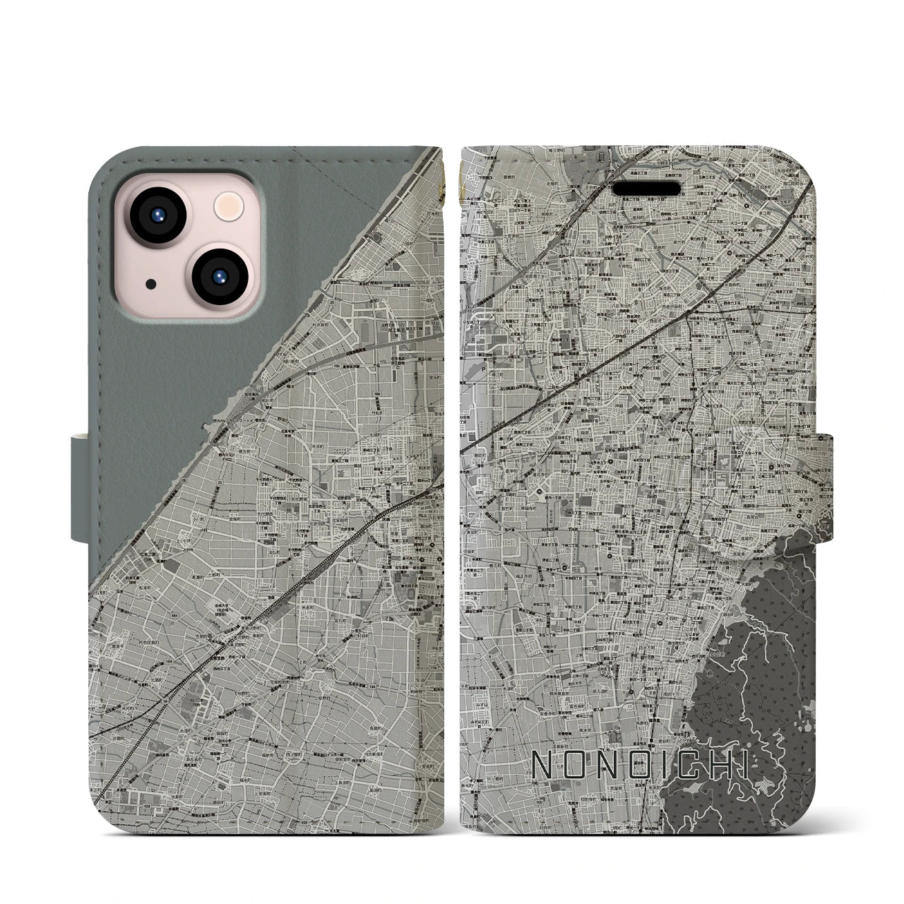 【野々市(石川県)】地図柄iPhoneケース(手帳タイプ)モノトーン・iPhone 13 mini 用