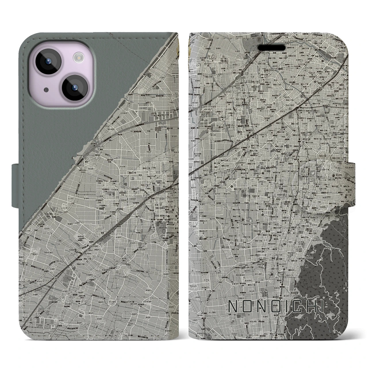 【野々市(石川県)】地図柄iPhoneケース(手帳タイプ)モノトーン・iPhone 14 用