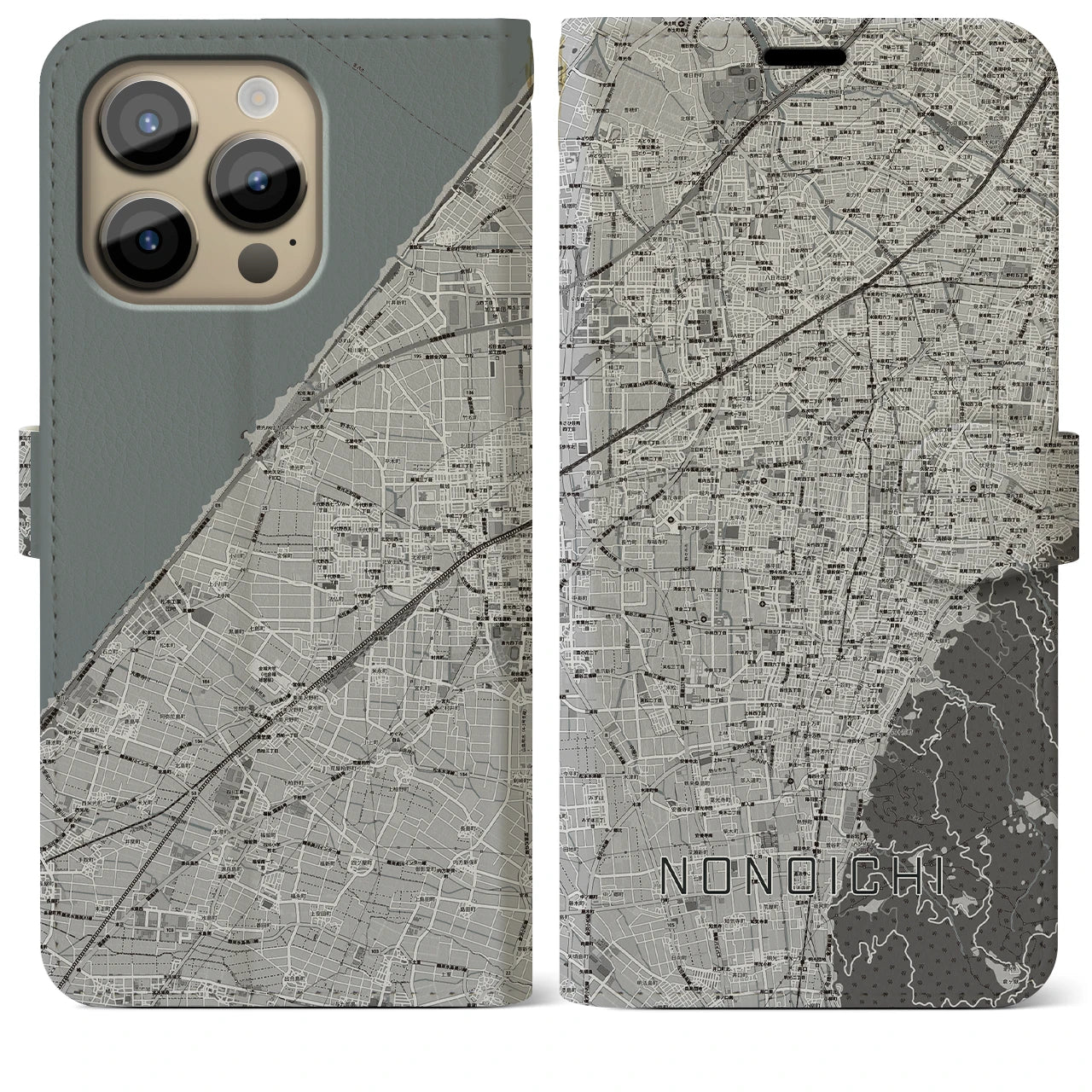 【野々市(石川県)】地図柄iPhoneケース(手帳タイプ)モノトーン・iPhone 14 Pro Max 用