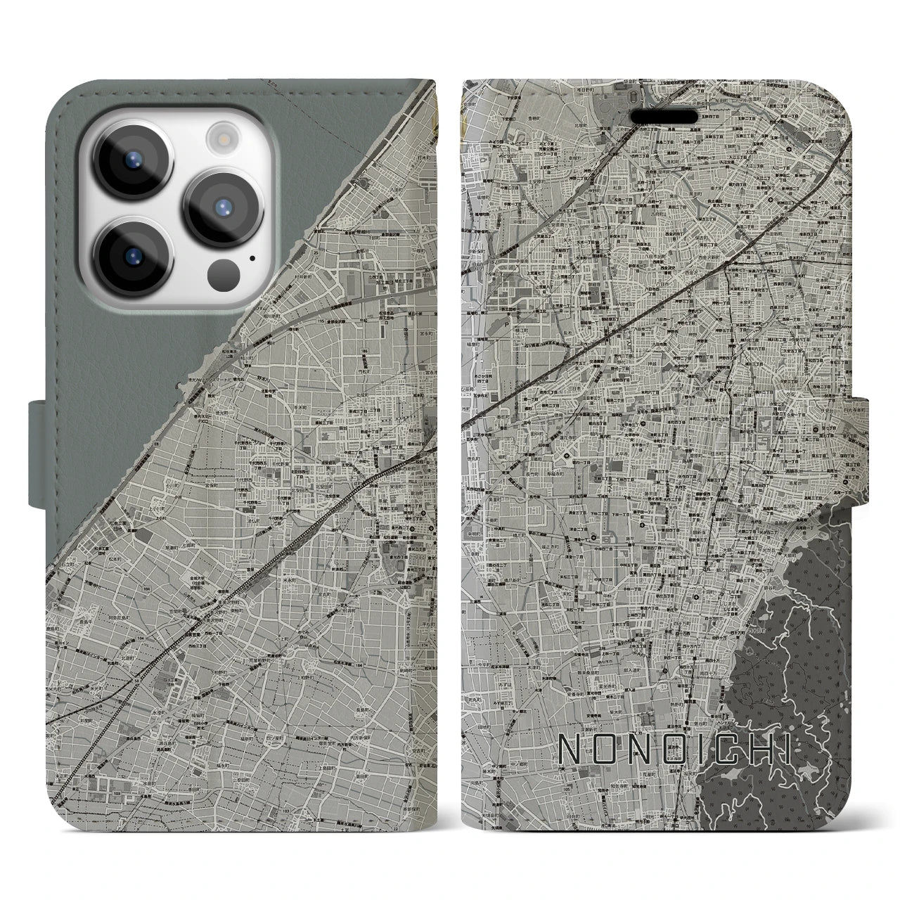 【野々市(石川県)】地図柄iPhoneケース(手帳タイプ)モノトーン・iPhone 14 Pro 用