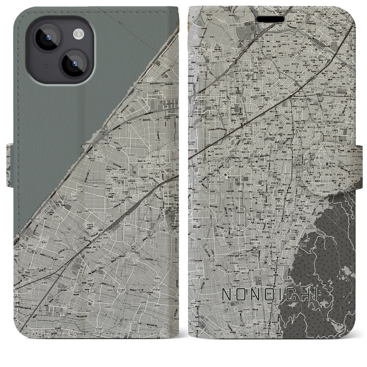 【野々市(石川県)】地図柄iPhoneケース(手帳タイプ)モノトーン・iPhone 14 Plus 用