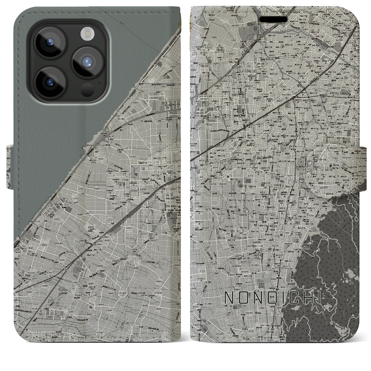 【野々市(石川県)】地図柄iPhoneケース(手帳タイプ)モノトーン・iPhone 15 Pro Max 用