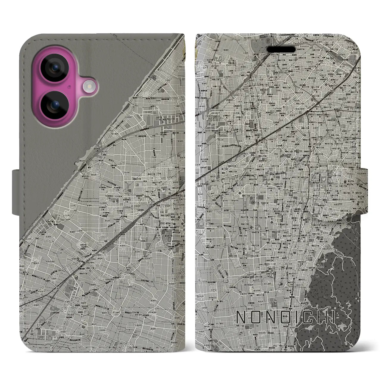 【野々市(石川県)】地図柄iPhoneケース(手帳タイプ)モノトーン・iPhone 16 Pro 用