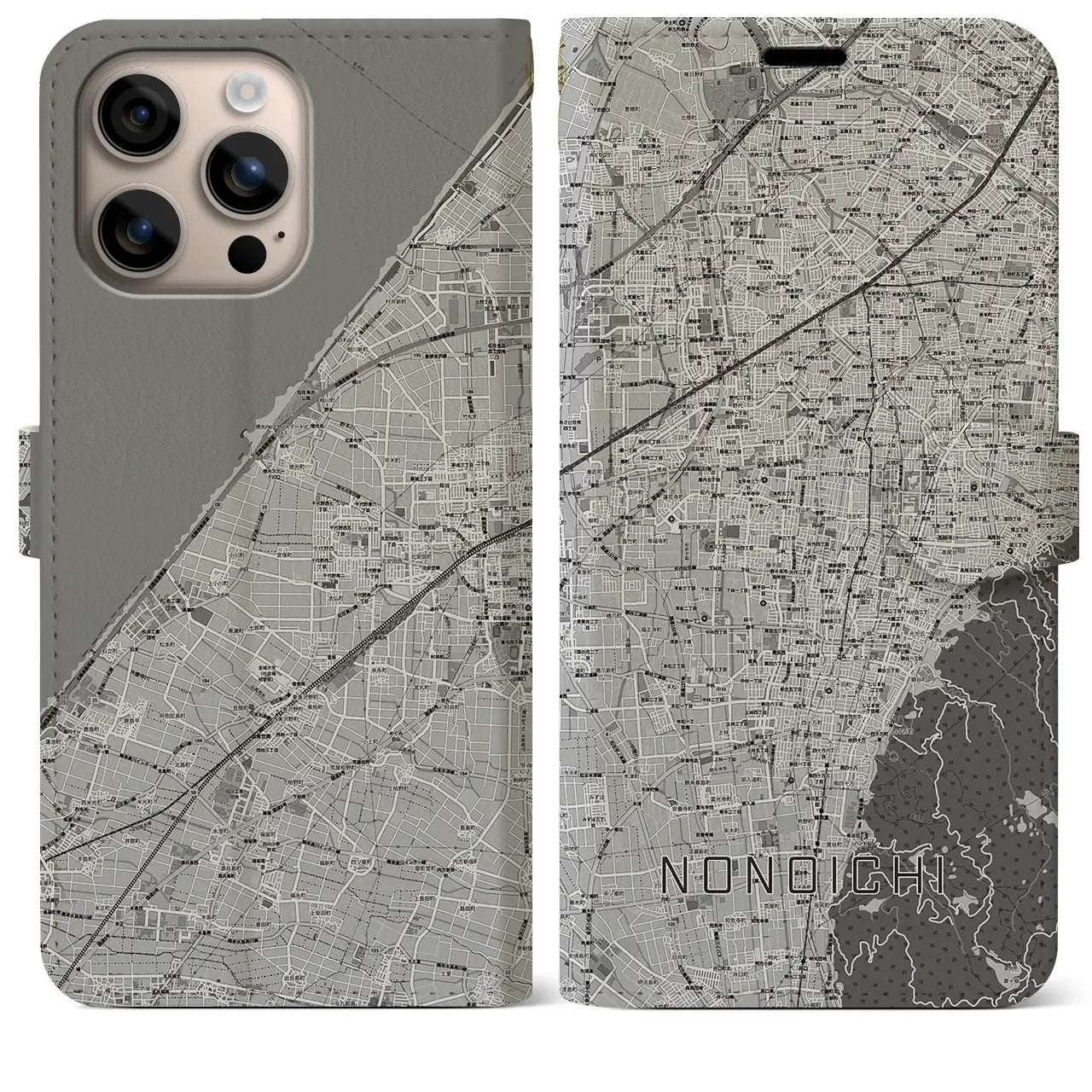 【野々市(石川県)】地図柄iPhoneケース(手帳タイプ)モノトーン・iPhone 16 Plus 用