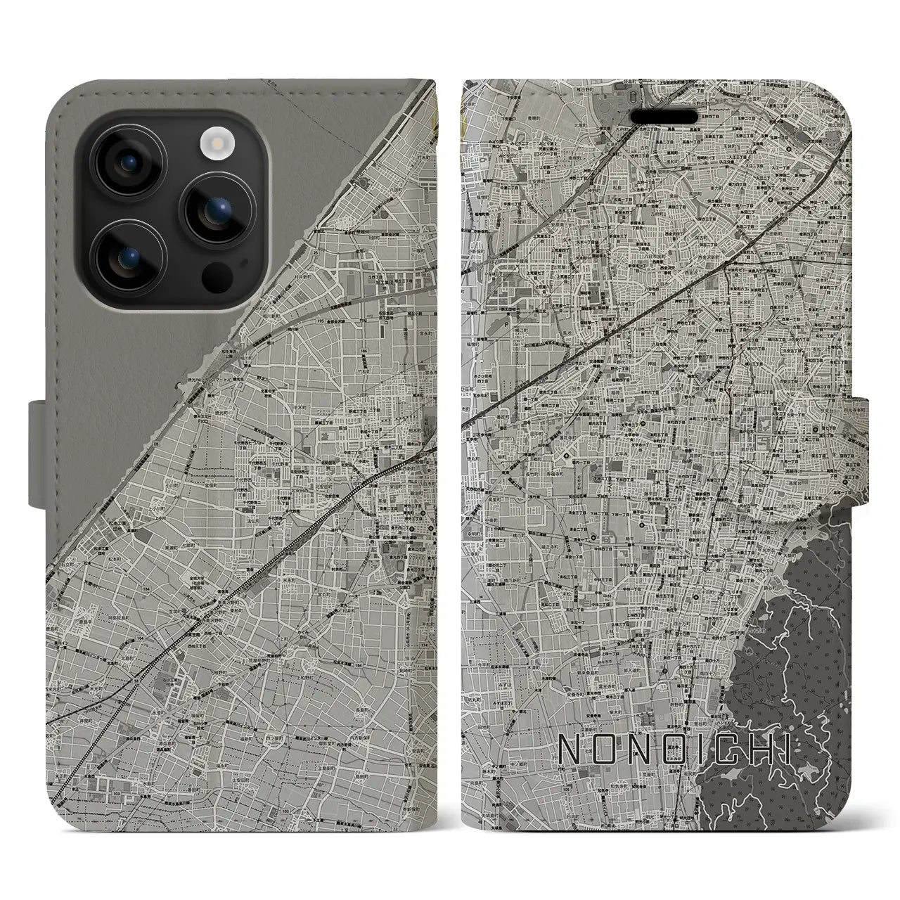 【野々市(石川県)】地図柄iPhoneケース(手帳タイプ)モノトーン・iPhone 16 用