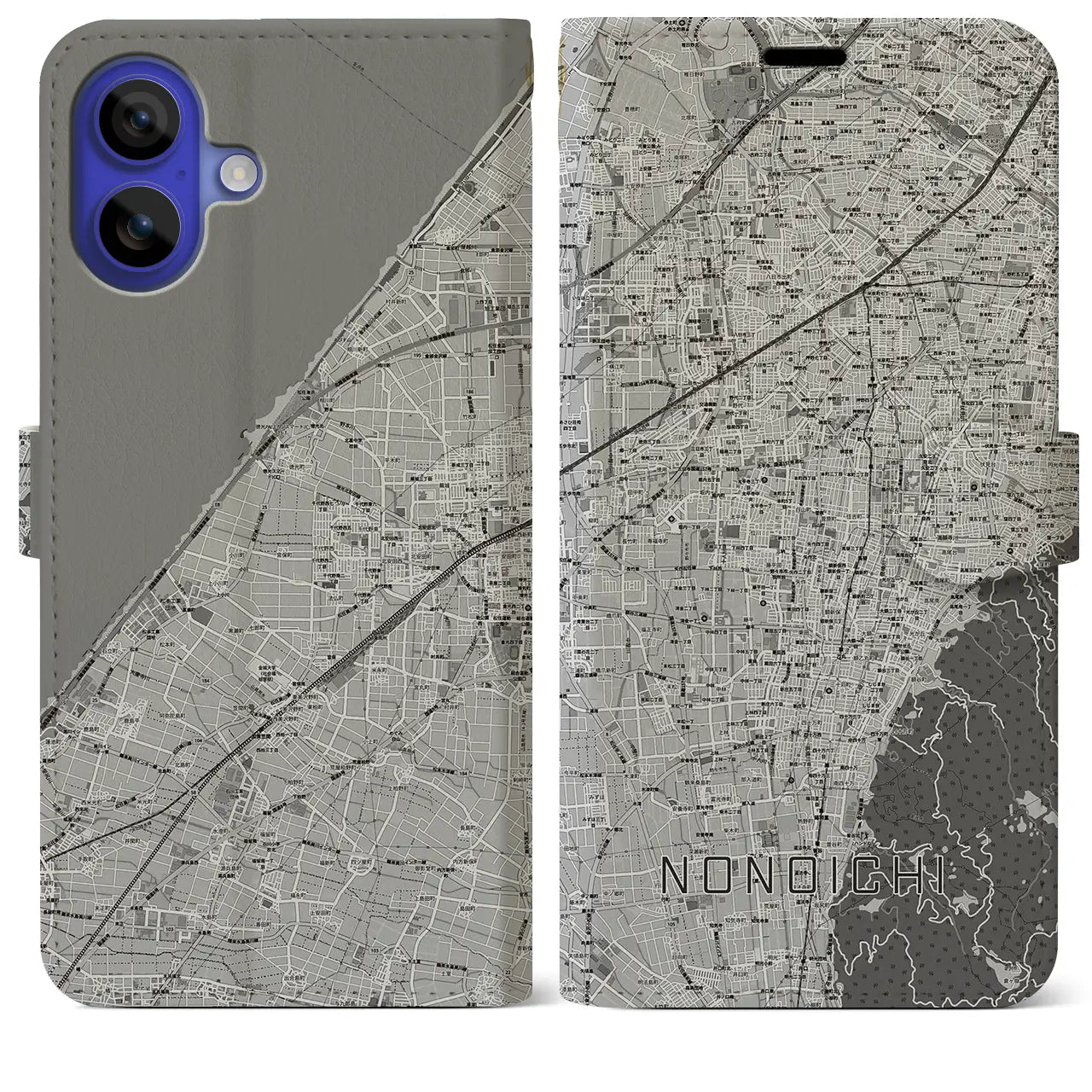 【野々市(石川県)】地図柄iPhoneケース(手帳タイプ)モノトーン・iPhone 16 Pro Max 用