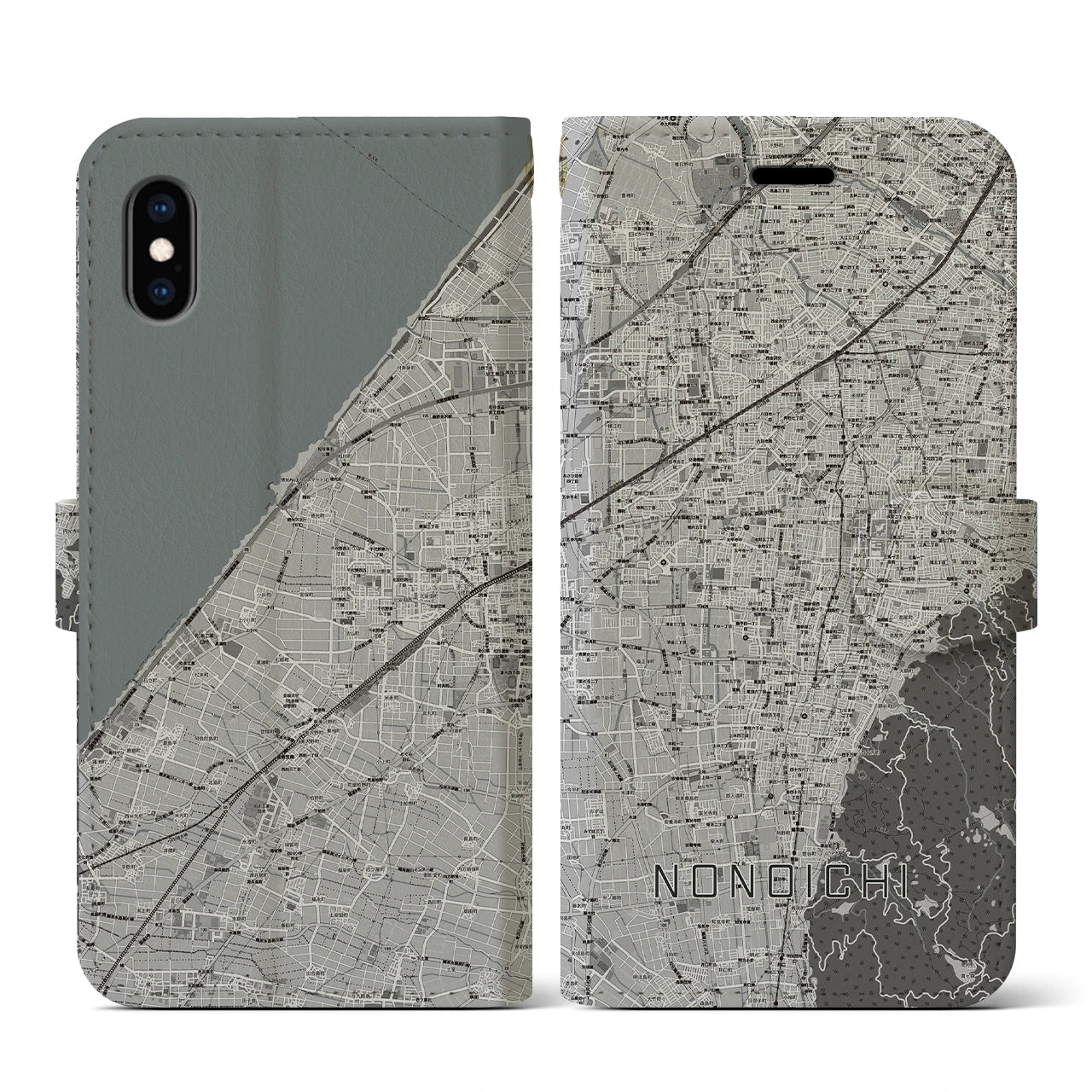 【野々市(石川県)】地図柄iPhoneケース(手帳タイプ)モノトーン・iPhone XS / X 用