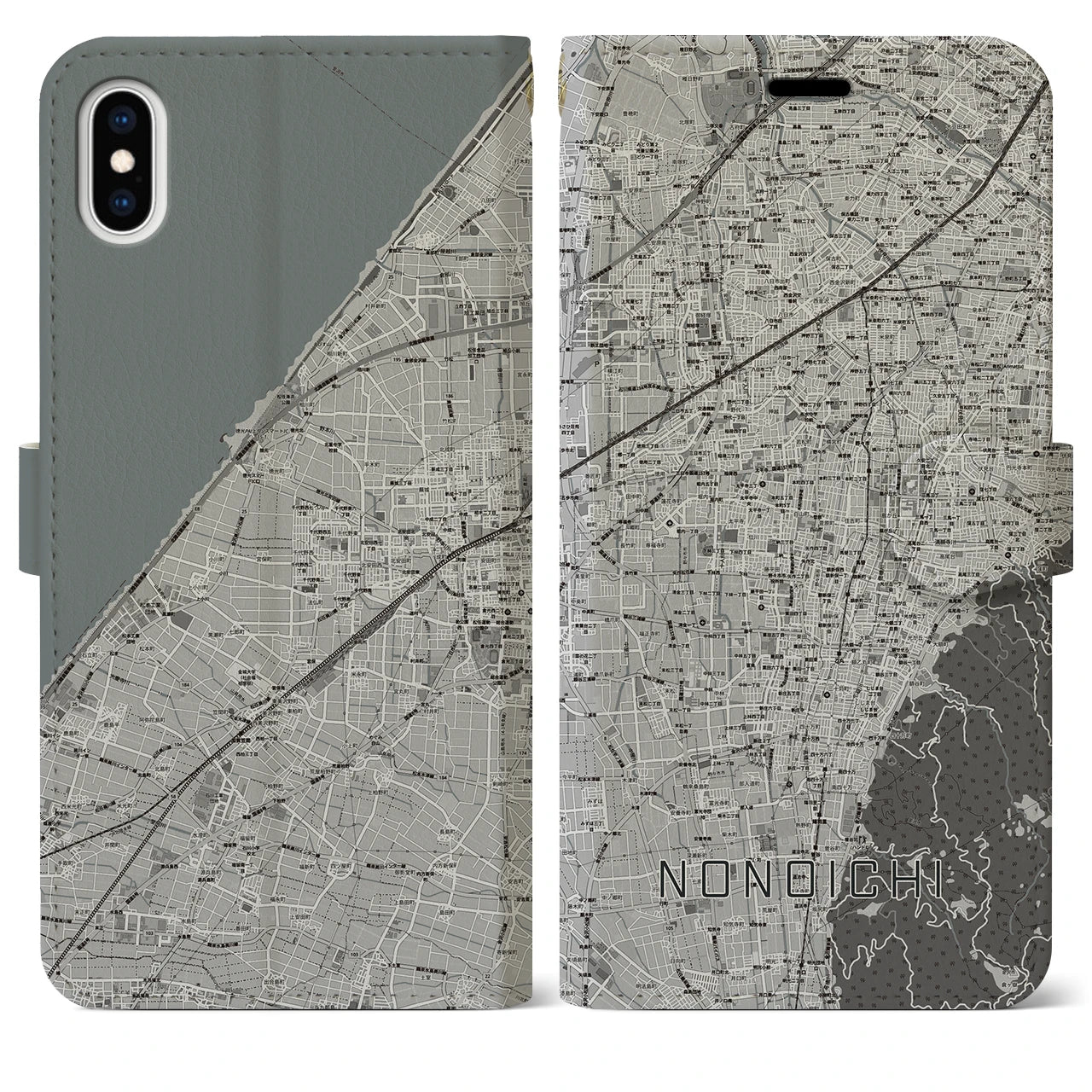 【野々市(石川県)】地図柄iPhoneケース(手帳タイプ)モノトーン・iPhone XS Max 用