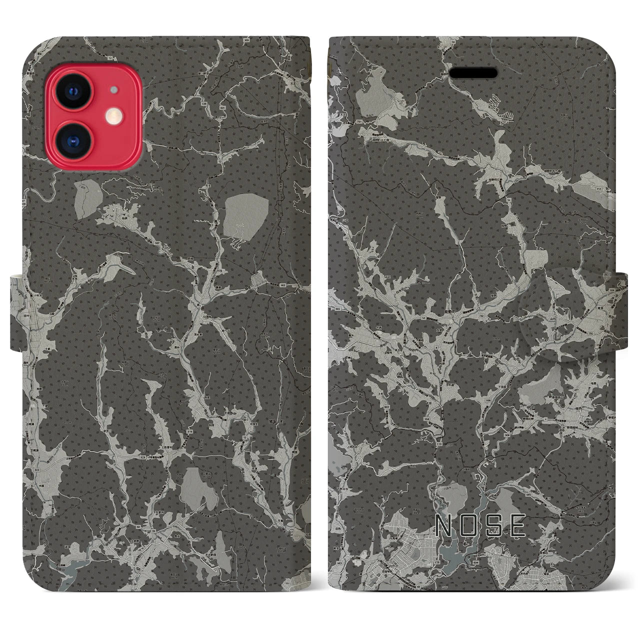【能勢(大阪府)】地図柄iPhoneケース(手帳タイプ)モノトーン・iPhone 11 用