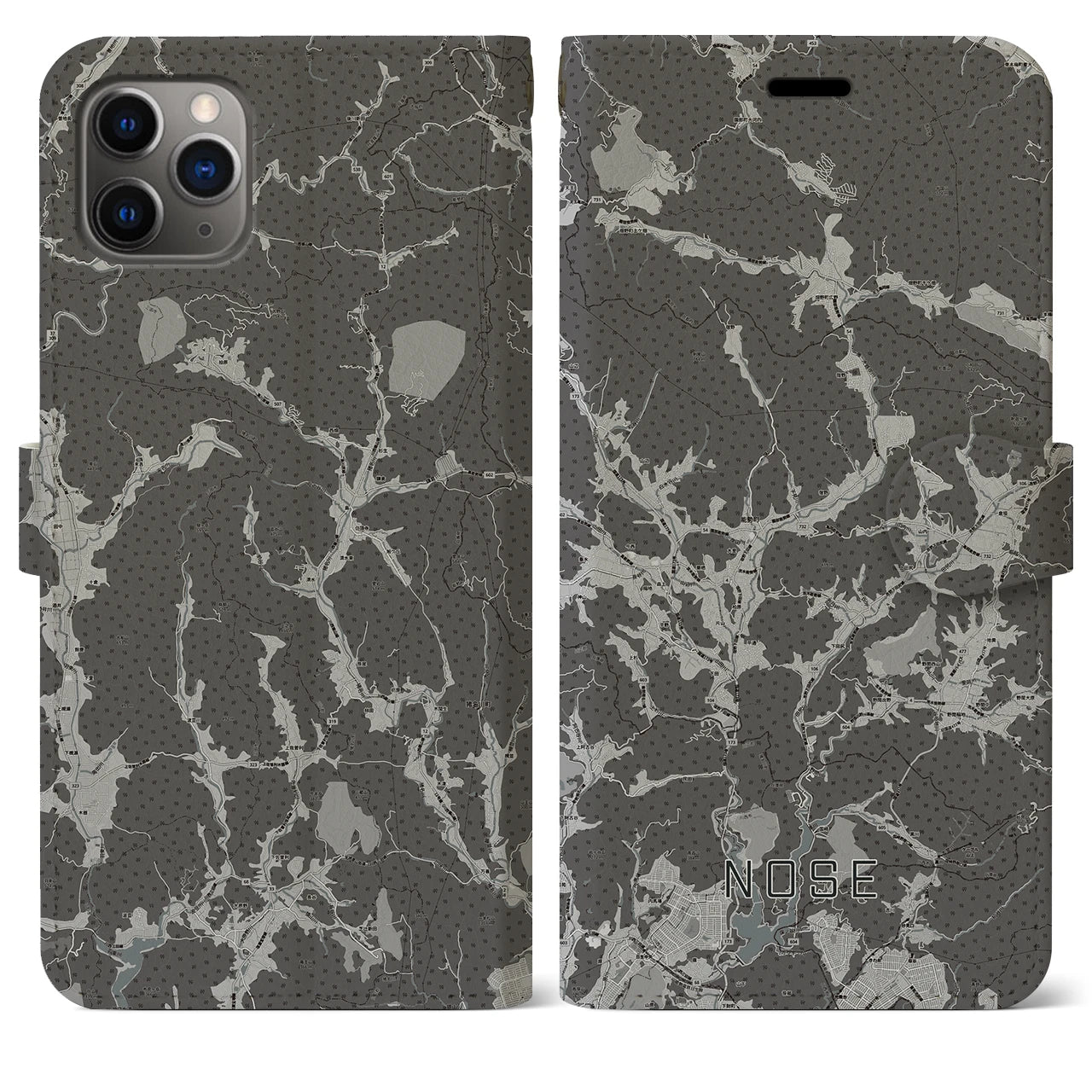 【能勢(大阪府)】地図柄iPhoneケース(手帳タイプ)モノトーン・iPhone 11 Pro Max 用