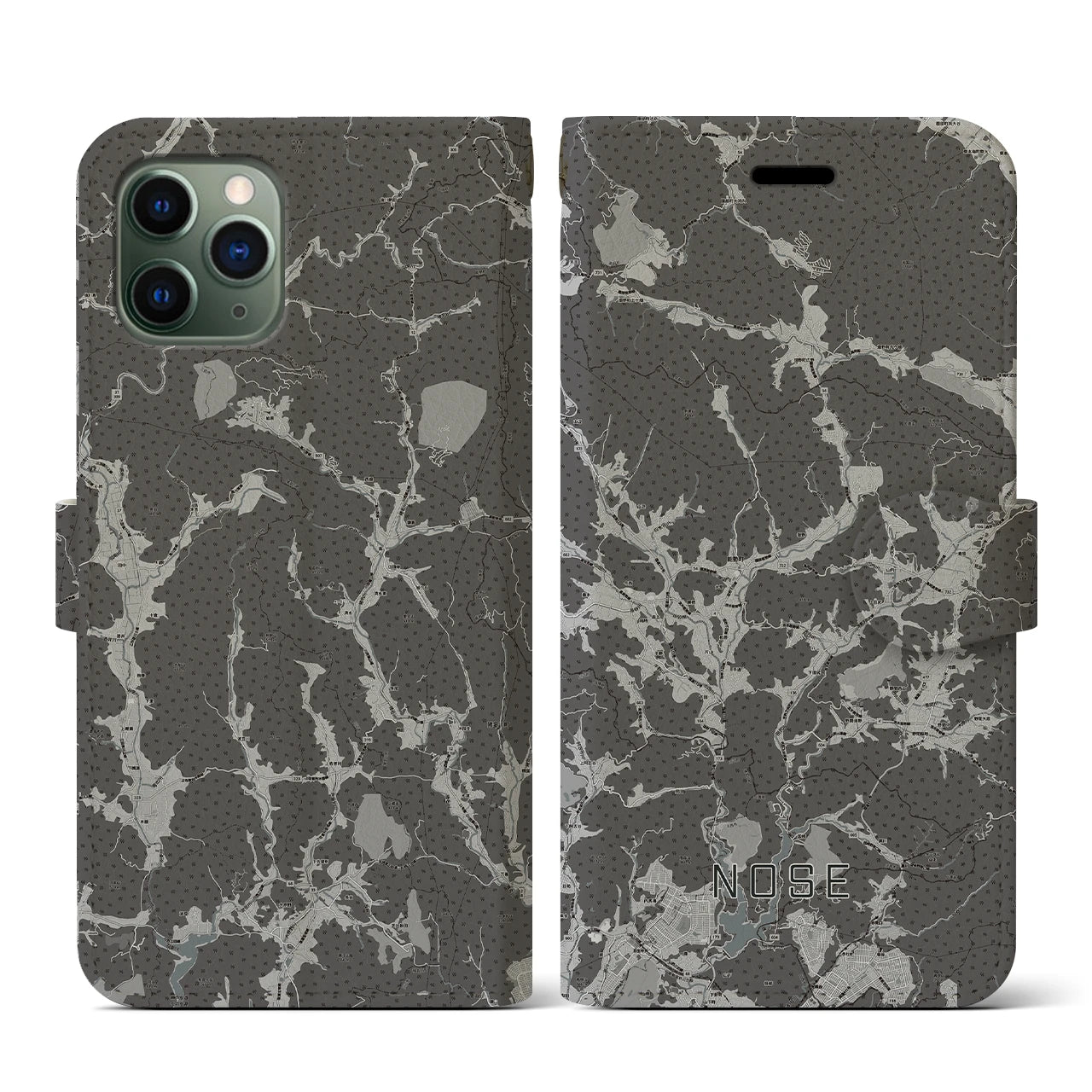 【能勢(大阪府)】地図柄iPhoneケース(手帳タイプ)モノトーン・iPhone 11 Pro 用