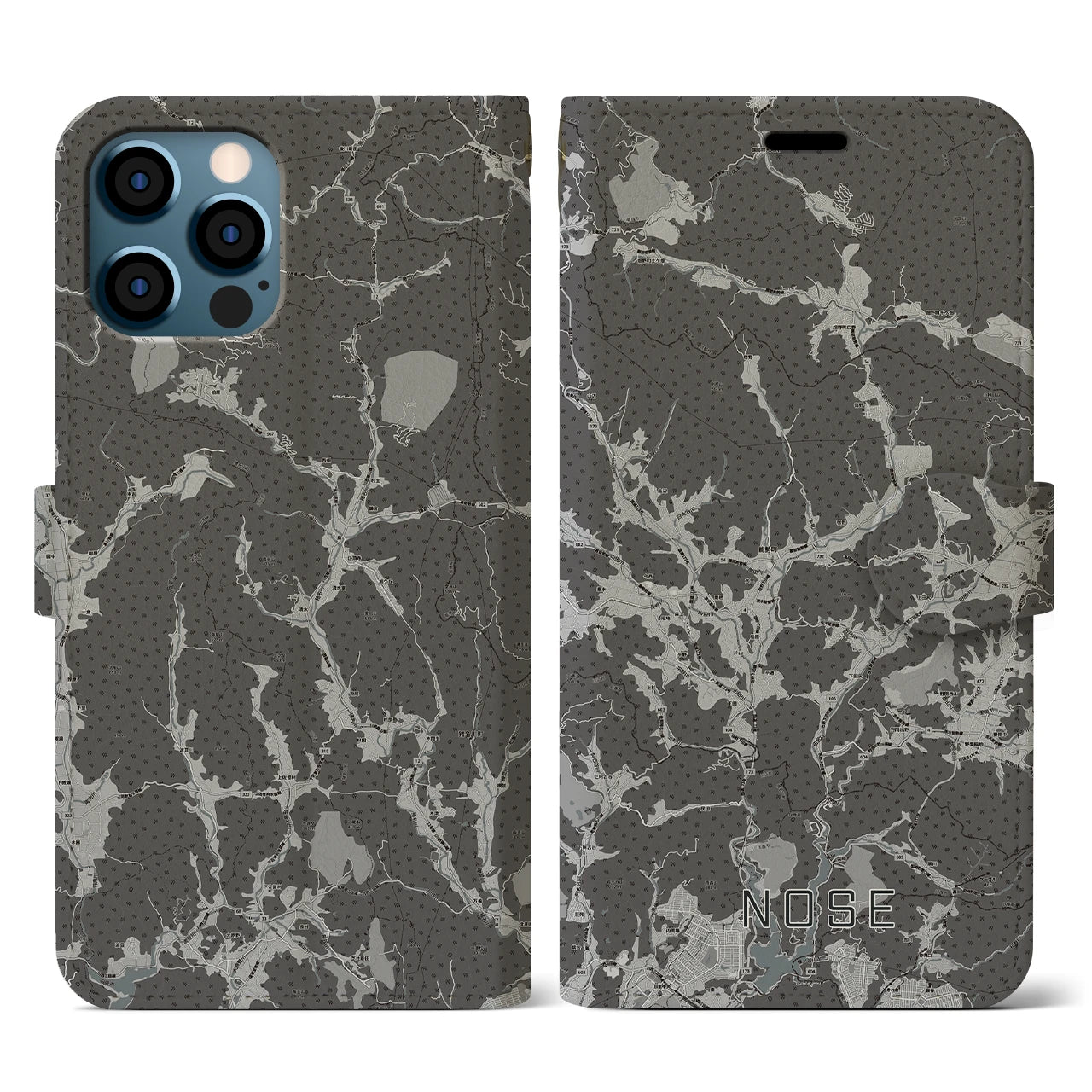 【能勢(大阪府)】地図柄iPhoneケース(手帳タイプ)モノトーン・iPhone 12 / 12 Pro 用