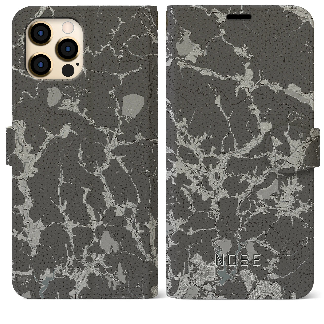 【能勢(大阪府)】地図柄iPhoneケース(手帳タイプ)モノトーン・iPhone 12 Pro Max 用