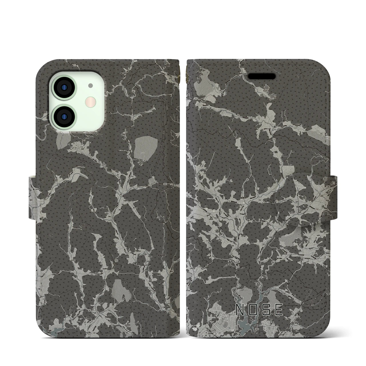 【能勢(大阪府)】地図柄iPhoneケース(手帳タイプ)モノトーン・iPhone 12 mini 用