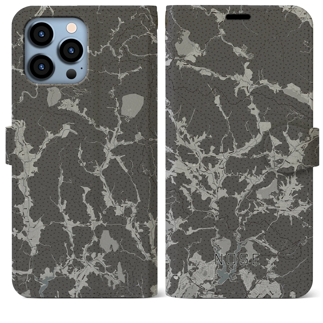 【能勢(大阪府)】地図柄iPhoneケース(手帳タイプ)モノトーン・iPhone 13 Pro Max 用