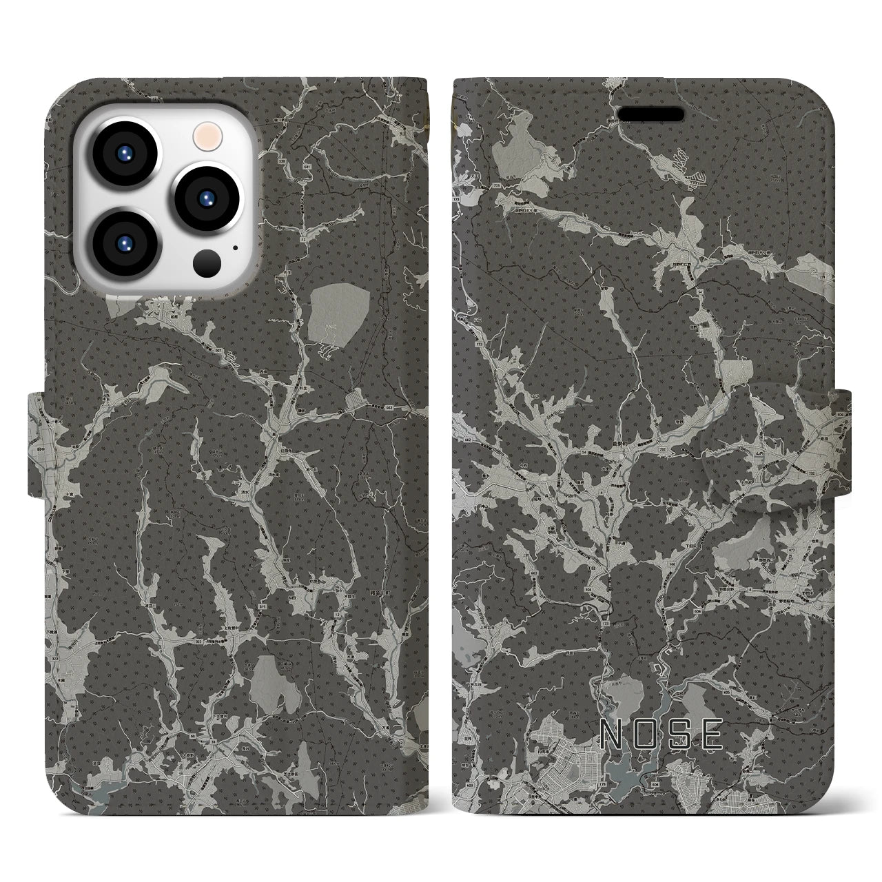 【能勢(大阪府)】地図柄iPhoneケース(手帳タイプ)モノトーン・iPhone 13 Pro 用