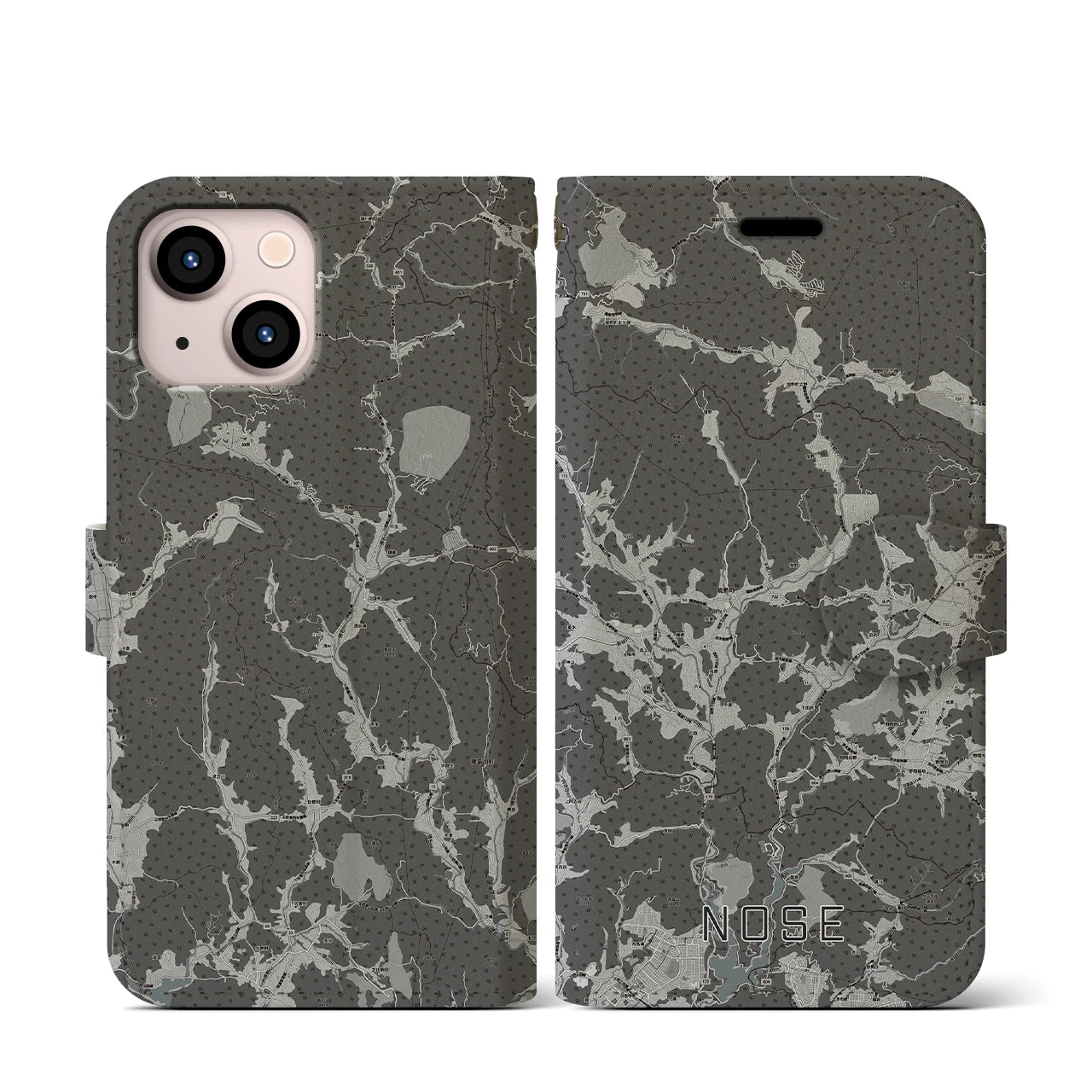 【能勢(大阪府)】地図柄iPhoneケース(手帳タイプ)モノトーン・iPhone 13 mini 用