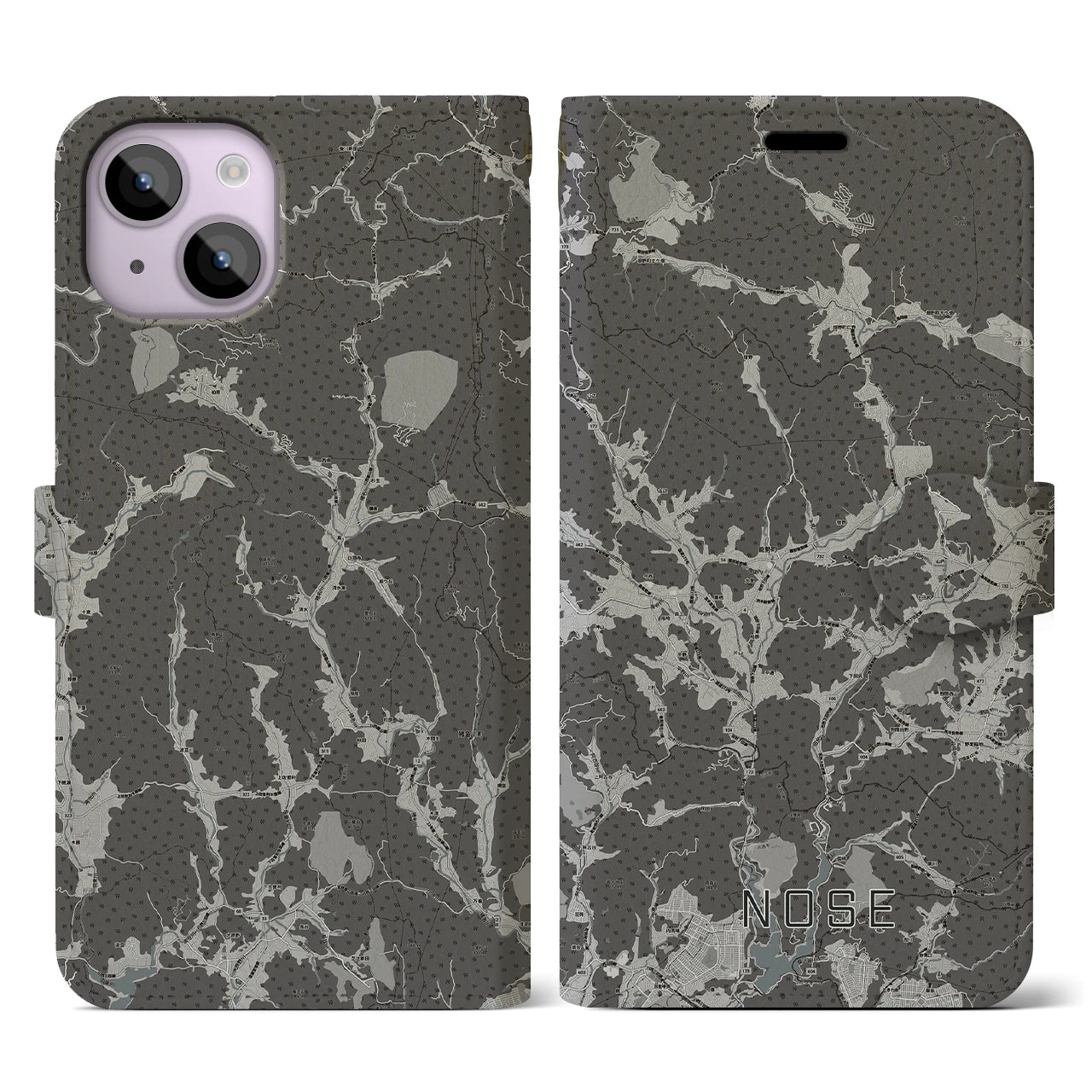 【能勢(大阪府)】地図柄iPhoneケース(手帳タイプ)モノトーン・iPhone 14 用