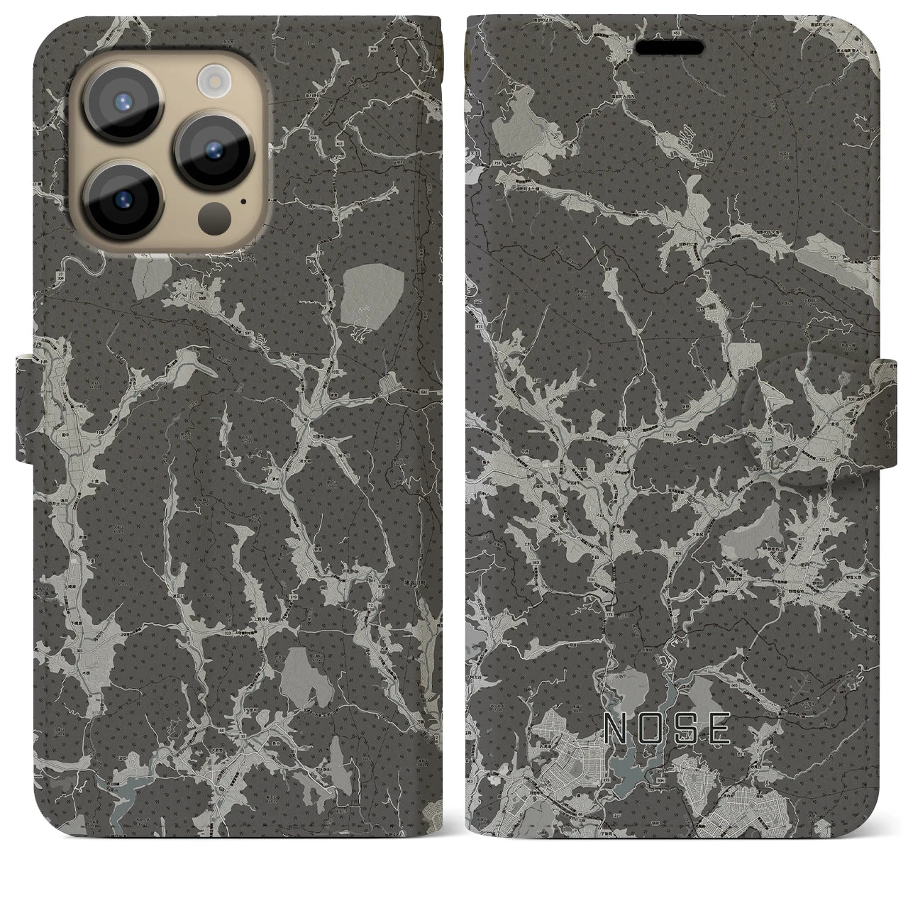 【能勢(大阪府)】地図柄iPhoneケース(手帳タイプ)モノトーン・iPhone 14 Pro Max 用