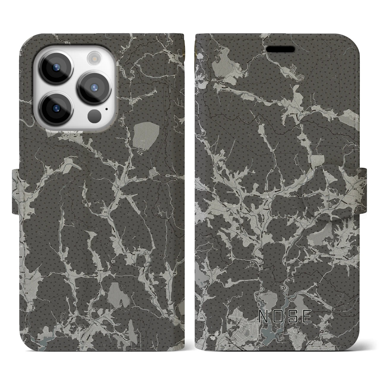 【能勢(大阪府)】地図柄iPhoneケース(手帳タイプ)モノトーン・iPhone 14 Pro 用