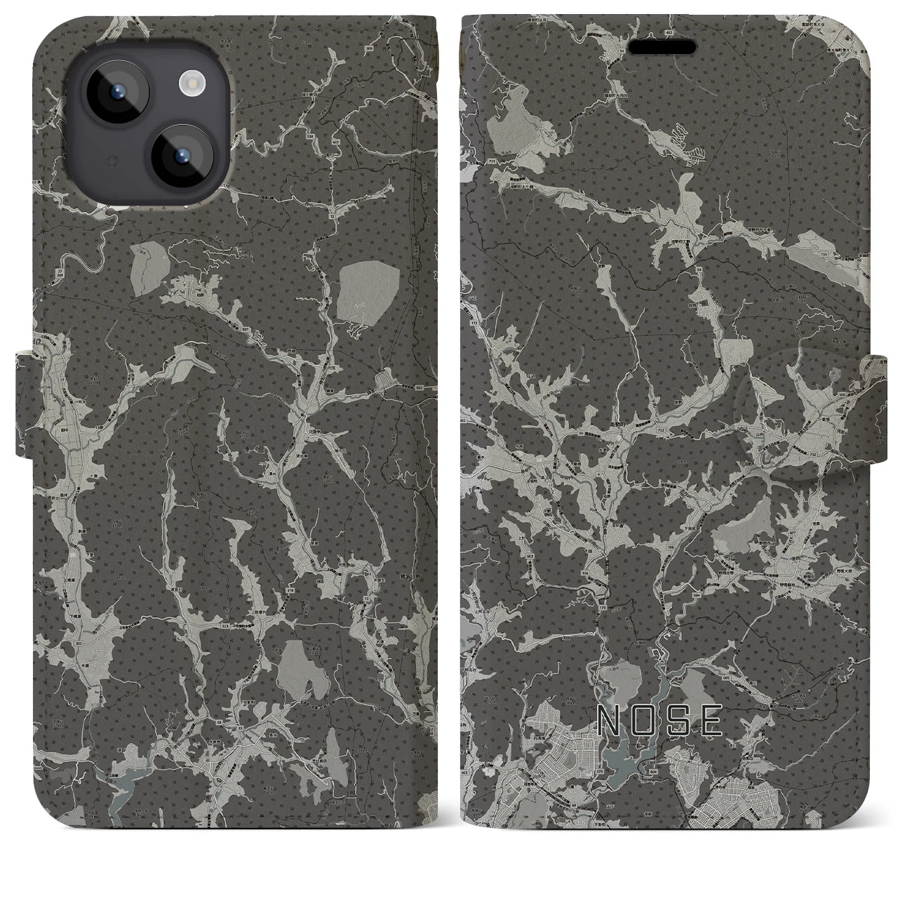 【能勢(大阪府)】地図柄iPhoneケース(手帳タイプ)モノトーン・iPhone 14 Plus 用