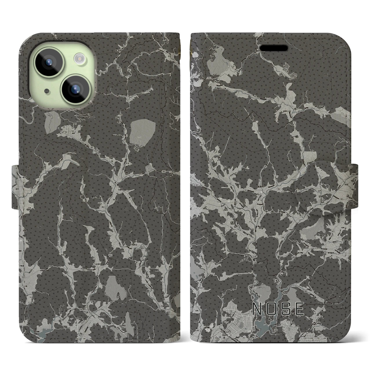 【能勢(大阪府)】地図柄iPhoneケース(手帳タイプ)モノトーン・iPhone 15 用