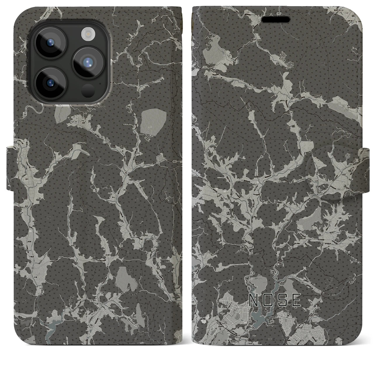 【能勢(大阪府)】地図柄iPhoneケース(手帳タイプ)モノトーン・iPhone 15 Pro Max 用