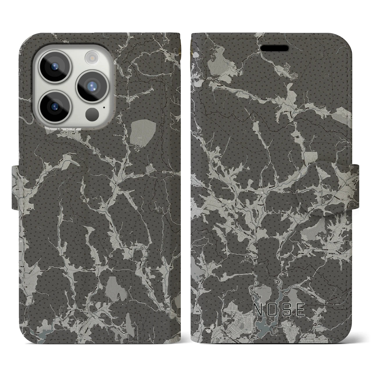 【能勢(大阪府)】地図柄iPhoneケース(手帳タイプ)モノトーン・iPhone 15 Pro 用