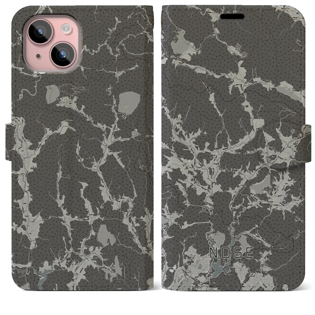 【能勢(大阪府)】地図柄iPhoneケース(手帳タイプ)モノトーン・iPhone 15 Plus 用