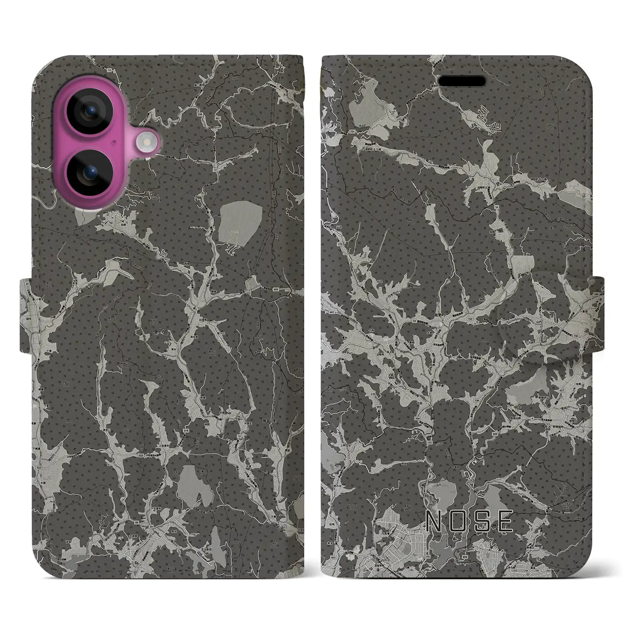 【能勢(大阪府)】地図柄iPhoneケース(手帳タイプ)モノトーン・iPhone 16 Pro 用