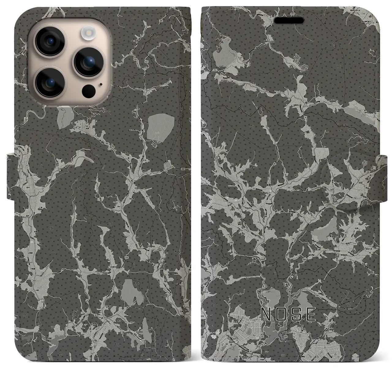 【能勢(大阪府)】地図柄iPhoneケース(手帳タイプ)モノトーン・iPhone 16 Plus 用