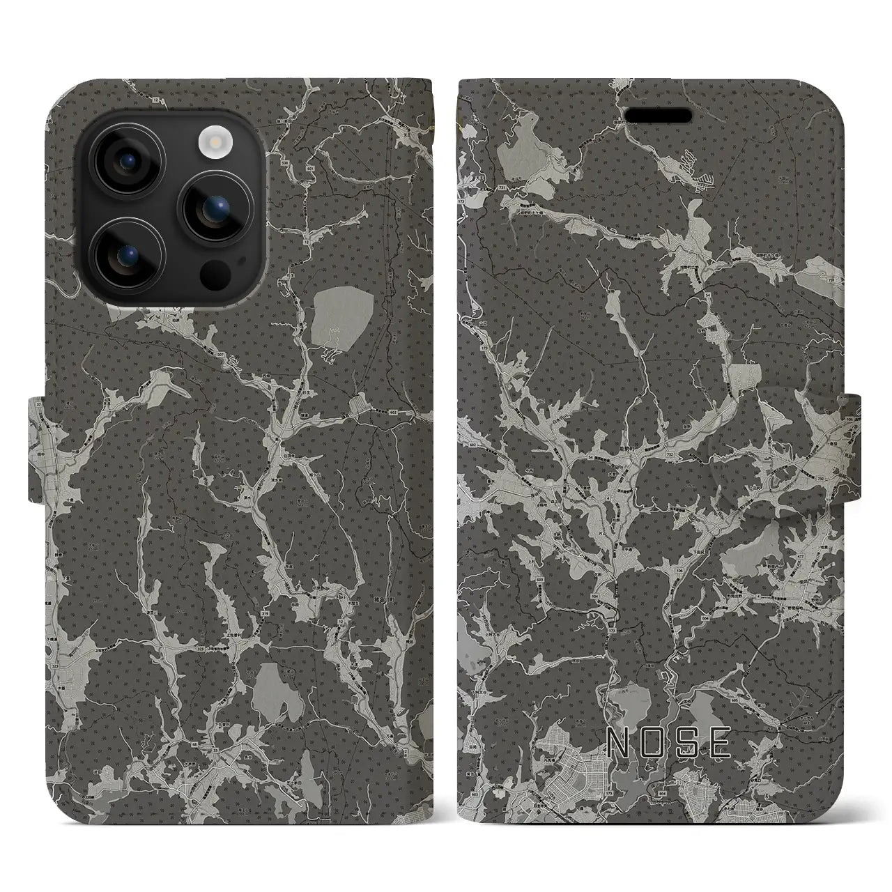 【能勢(大阪府)】地図柄iPhoneケース(手帳タイプ)モノトーン・iPhone 16 用