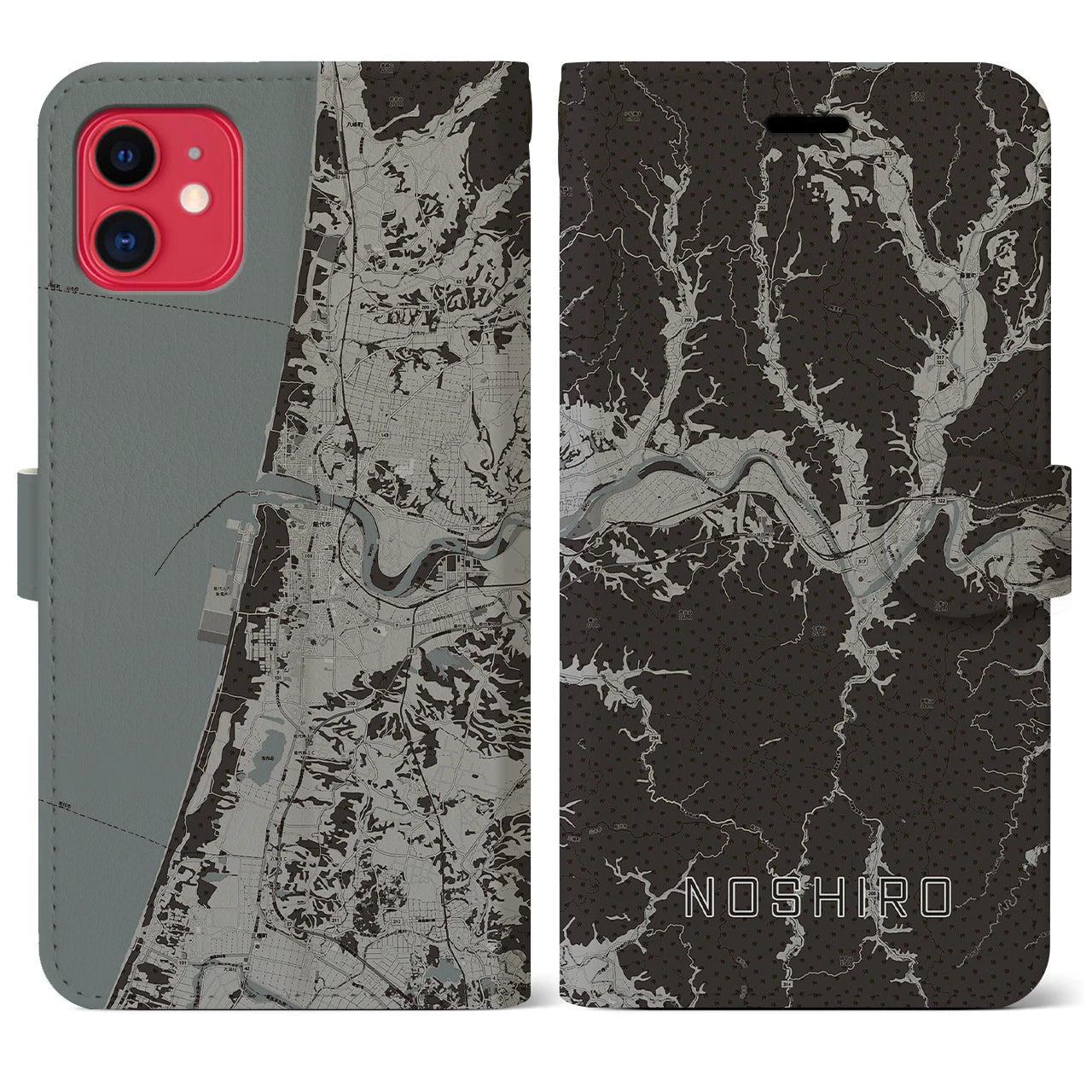 【能代(秋田県)】地図柄iPhoneケース(手帳タイプ)モノトーン・iPhone 11 用