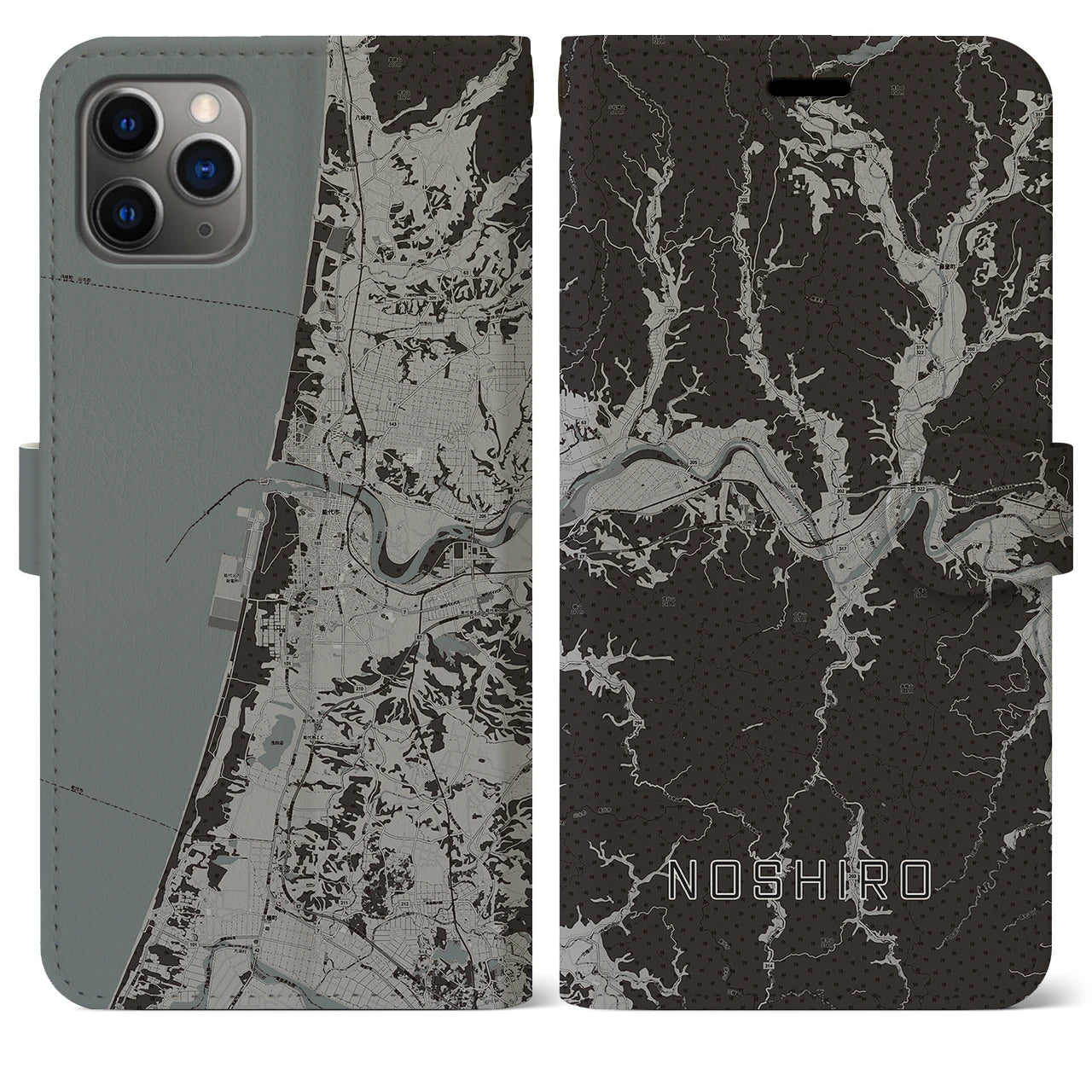 【能代(秋田県)】地図柄iPhoneケース(手帳タイプ)モノトーン・iPhone 11 Pro Max 用