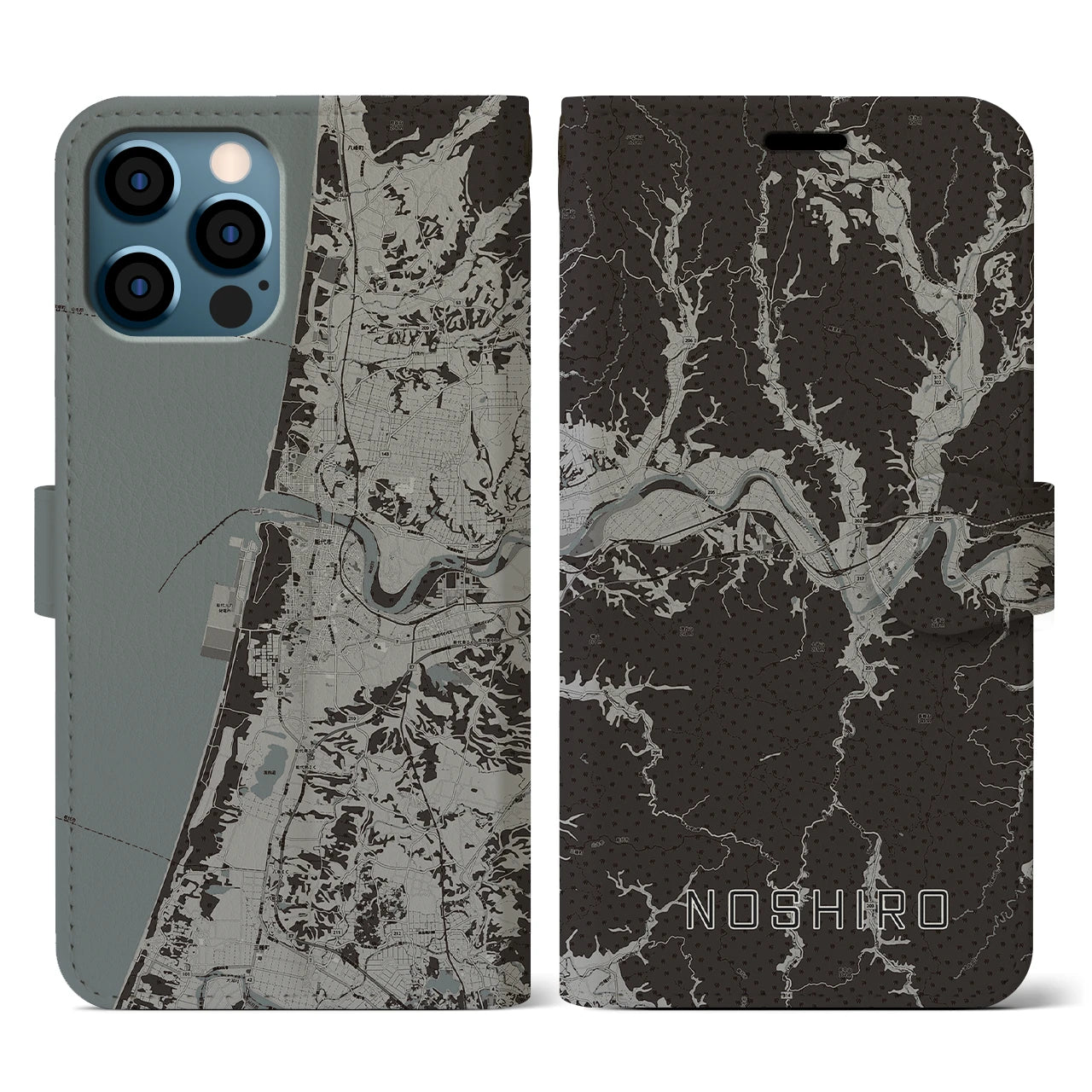 【能代(秋田県)】地図柄iPhoneケース(手帳タイプ)モノトーン・iPhone 12 / 12 Pro 用