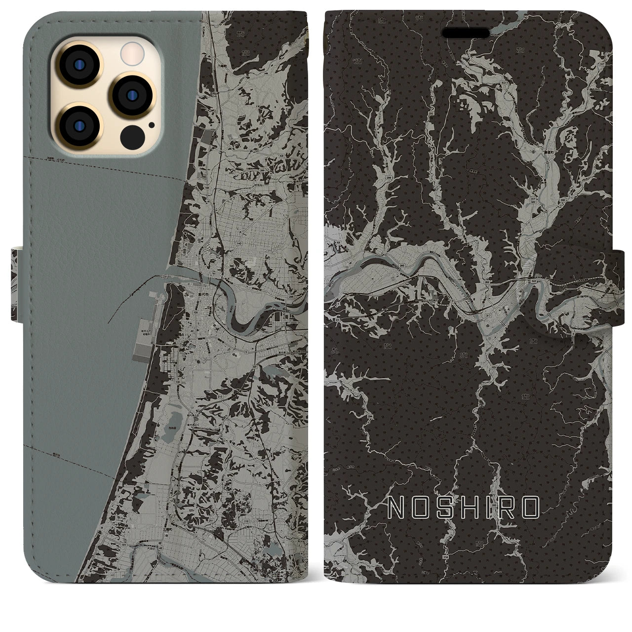 【能代(秋田県)】地図柄iPhoneケース(手帳タイプ)モノトーン・iPhone 12 Pro Max 用