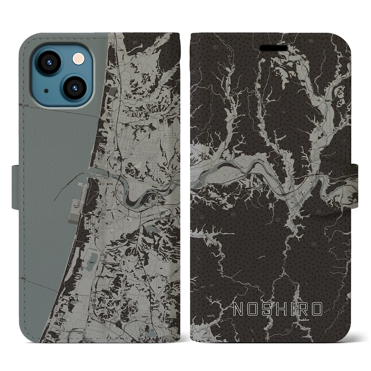 【能代(秋田県)】地図柄iPhoneケース(手帳タイプ)モノトーン・iPhone 13 用
