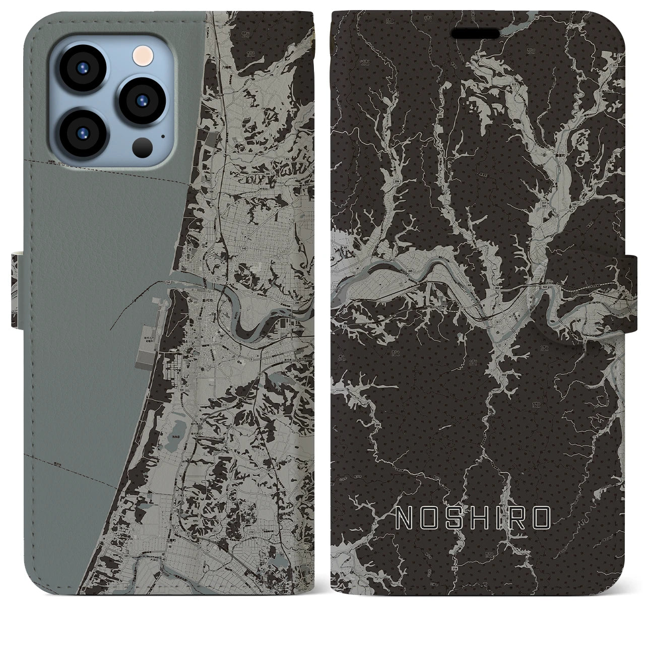 【能代(秋田県)】地図柄iPhoneケース(手帳タイプ)モノトーン・iPhone 13 Pro Max 用