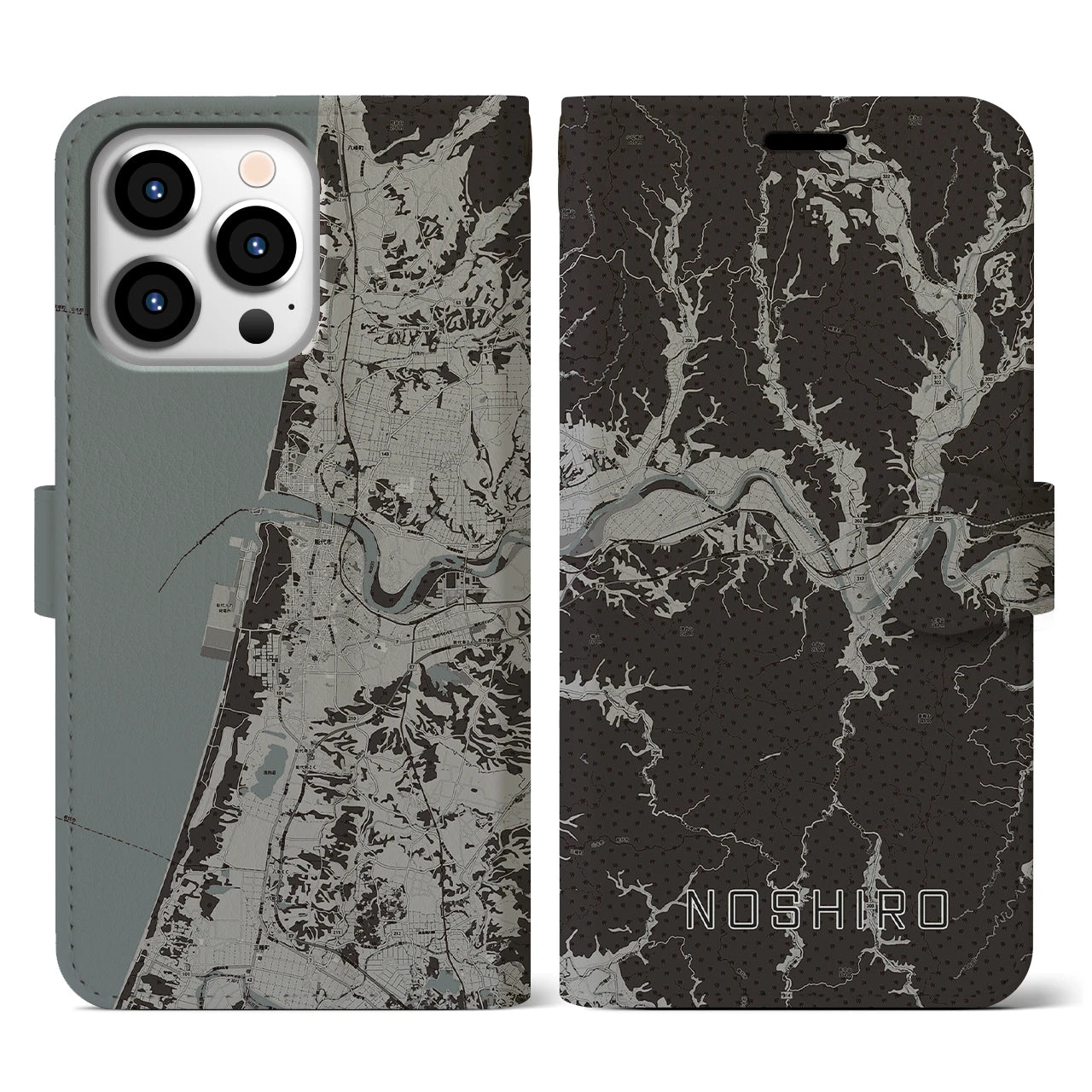 【能代(秋田県)】地図柄iPhoneケース(手帳タイプ)モノトーン・iPhone 13 Pro 用